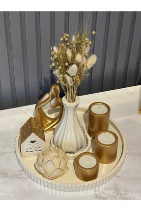 HomeAlışveriş Tepsili mum seti krem Gold detaylı 8 parça çiçek dahil