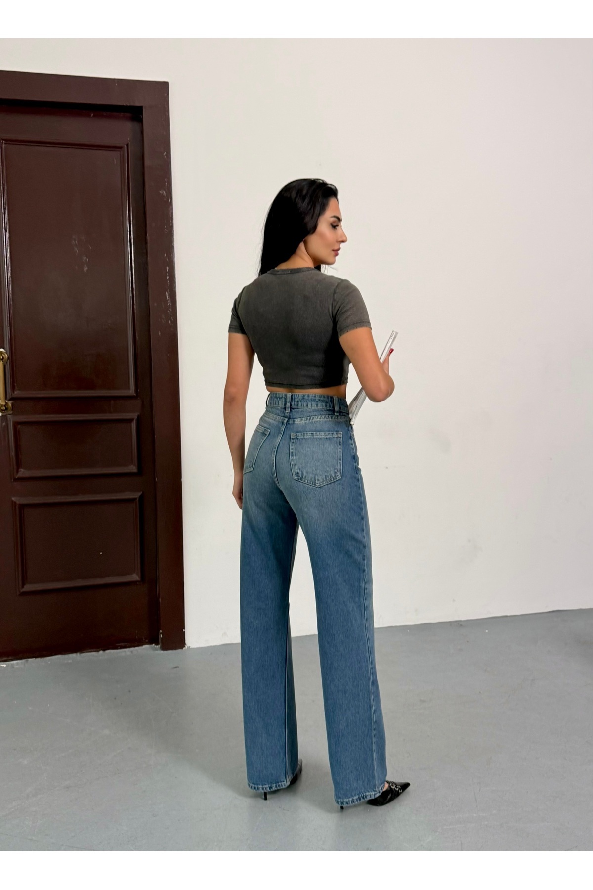 Lexsina  Kadın Yüksek Bel Geniş Paça Kot Palazzo Pantolon - Görsel 8