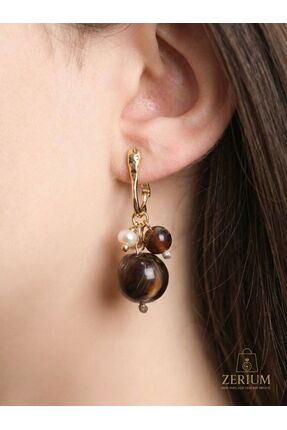 ZERİUM VIP Koyu Amber Taşlı Çelik Kadın Çivi Küpe
