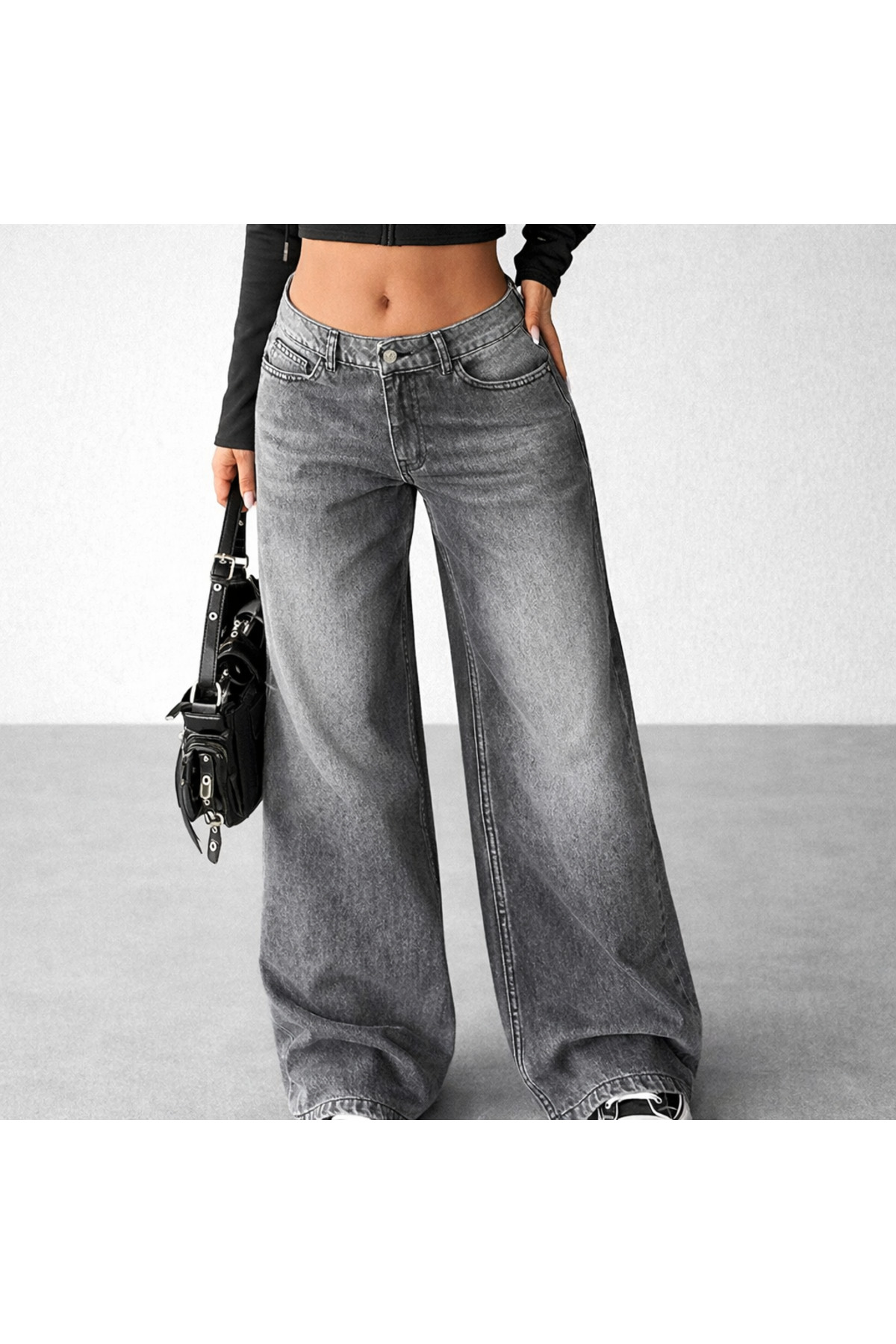 Polo State  Kadın Gri Yıkamalı Bol Paça Düşük Bel Wide Leg Jean Pantolon - Görsel 5
