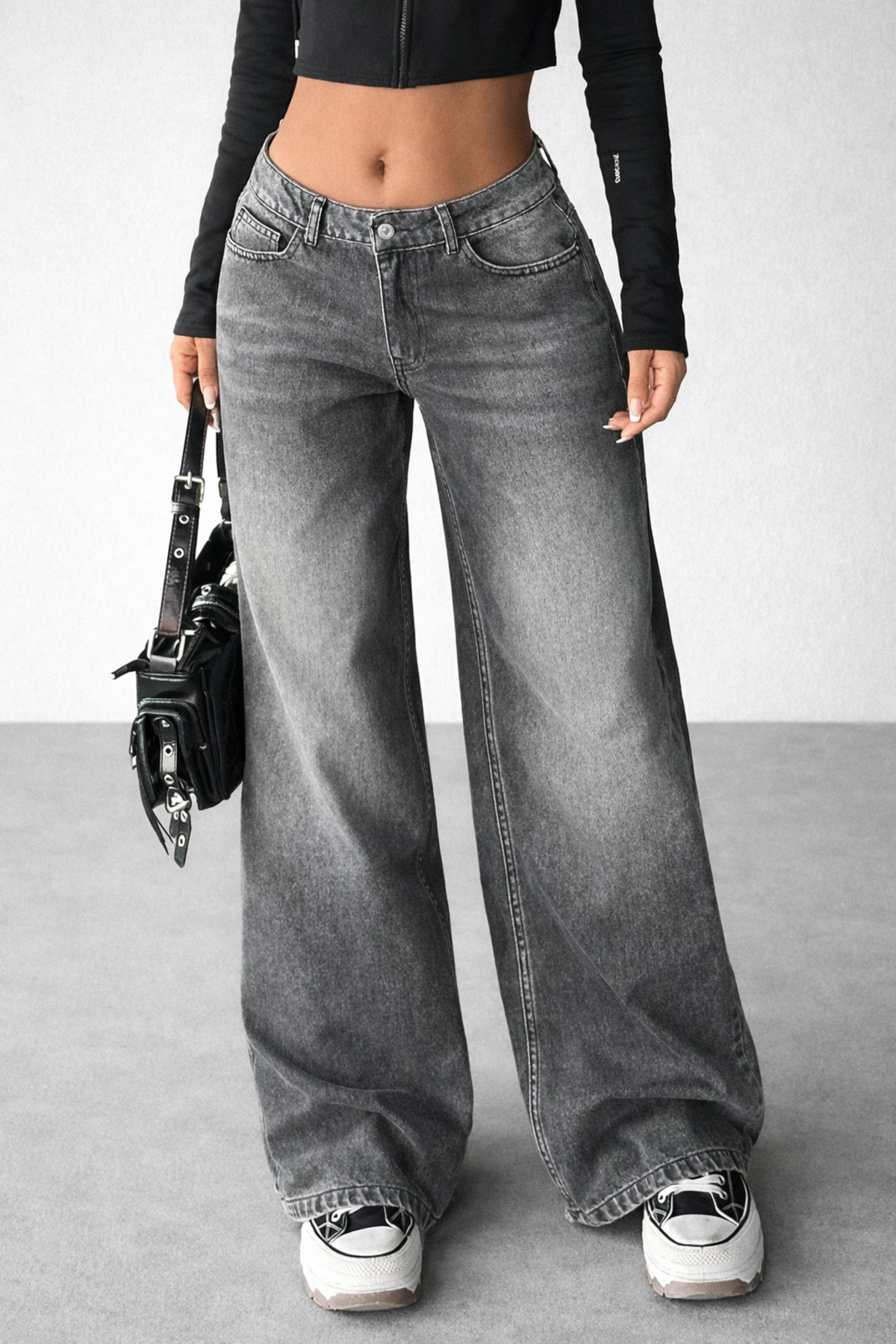 Polo State  Kadın Gri Yıkamalı Bol Paça Düşük Bel Wide Leg Jean Pantolon - Görsel 2
