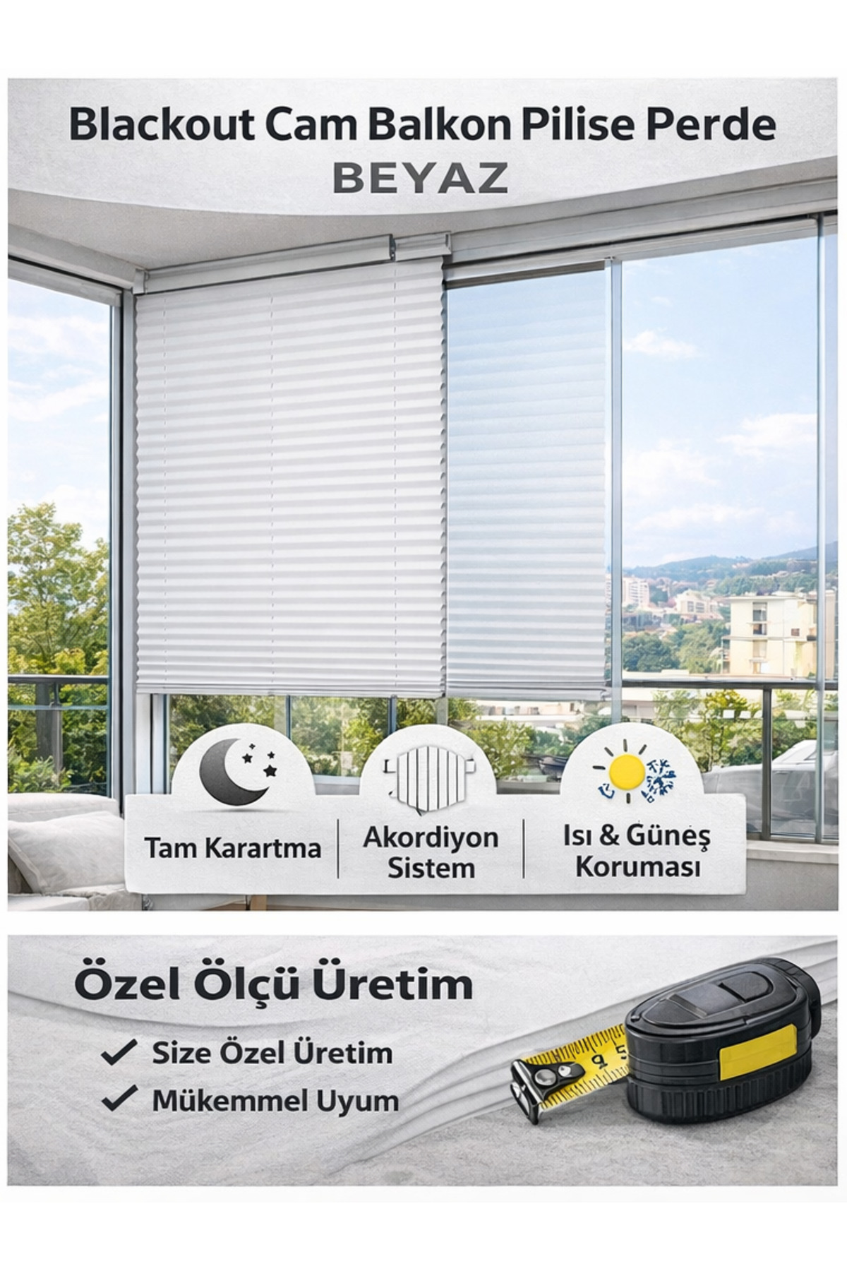 Blackout Foldable Glass Balcony Pleating Curtain – White (Hooked or Screwed)