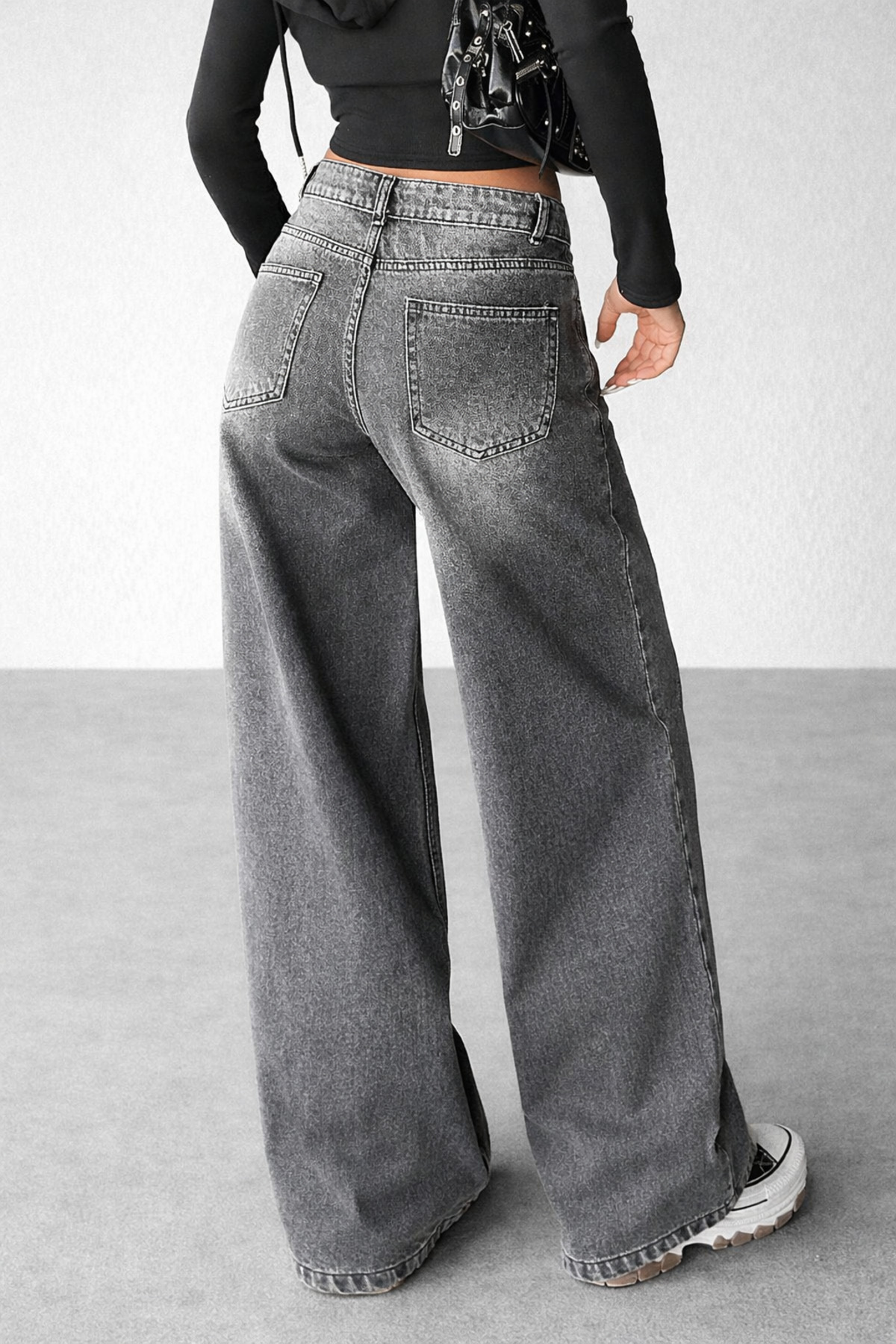 Polo State  Kadın Gri Yıkamalı Bol Paça Düşük Bel Wide Leg Jean Pantolon - Görsel 6