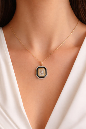 Aylin Bijuteri Sekizgen Baget Kesim Zirkon Taşlı Altın Renk Kadın Kolye