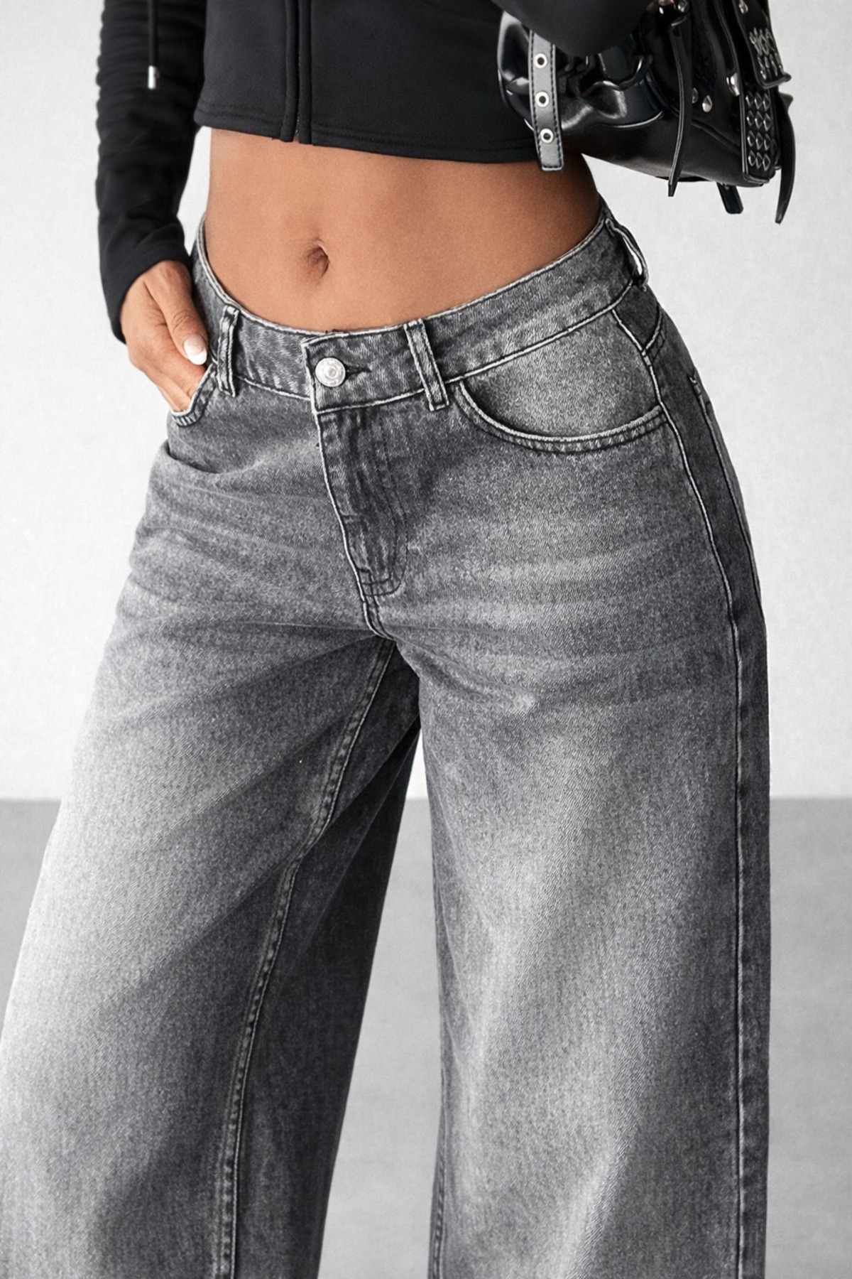 Polo State  Kadın Gri Yıkamalı Bol Paça Düşük Bel Wide Leg Jean Pantolon - Görsel 3