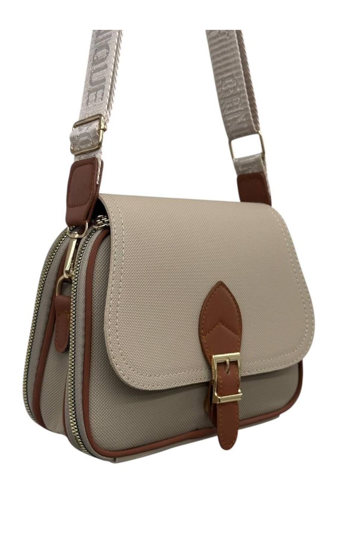 Women's Handy Shoulder Bag with Four Pockets Lid Zipper and Snap Closure