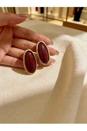 ayoljewelry Minimalist Gold Çerçeveli Ekru Kare Çelik Küpe