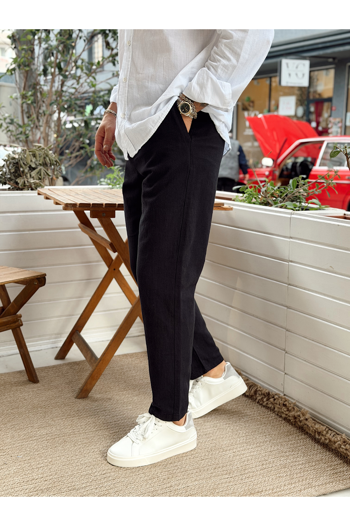 manch collection  İtalyan Kesim Keten Pantolon Siyah - Görsel 3