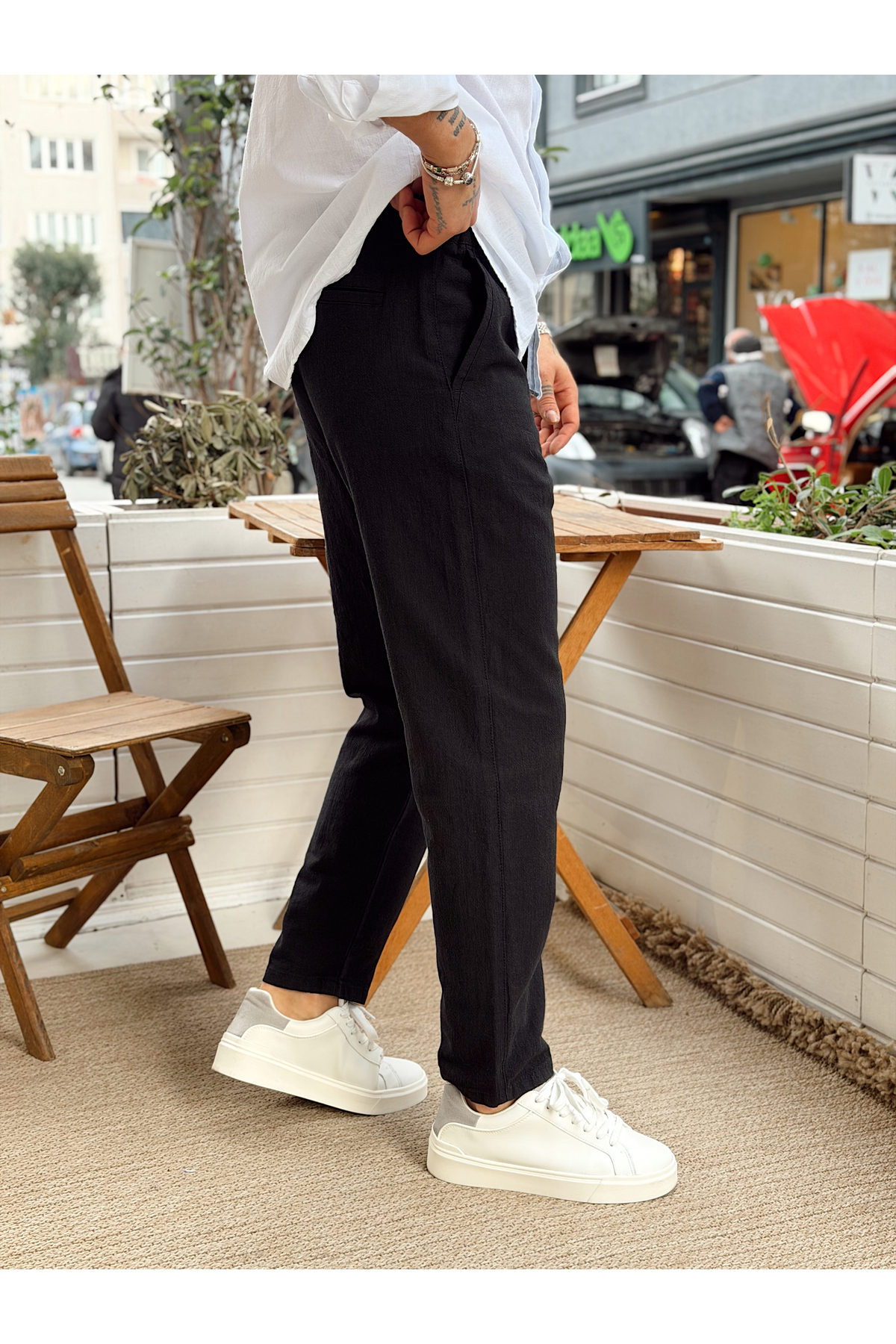 manch collection  İtalyan Kesim Keten Pantolon Siyah - Görsel 4