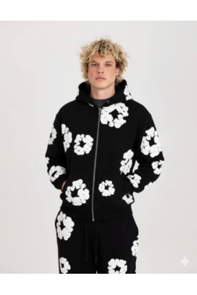 bellanova Siyah 3 İplik Nakışlı Gül Detaylı Fermuarlı Eşofman Takımı