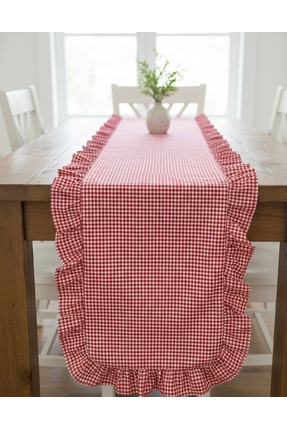 FLOREA ALAVENTE Kırmızı Pötikare Fırfırlı Runner + 6’lı Amerikan Servis Masa ...