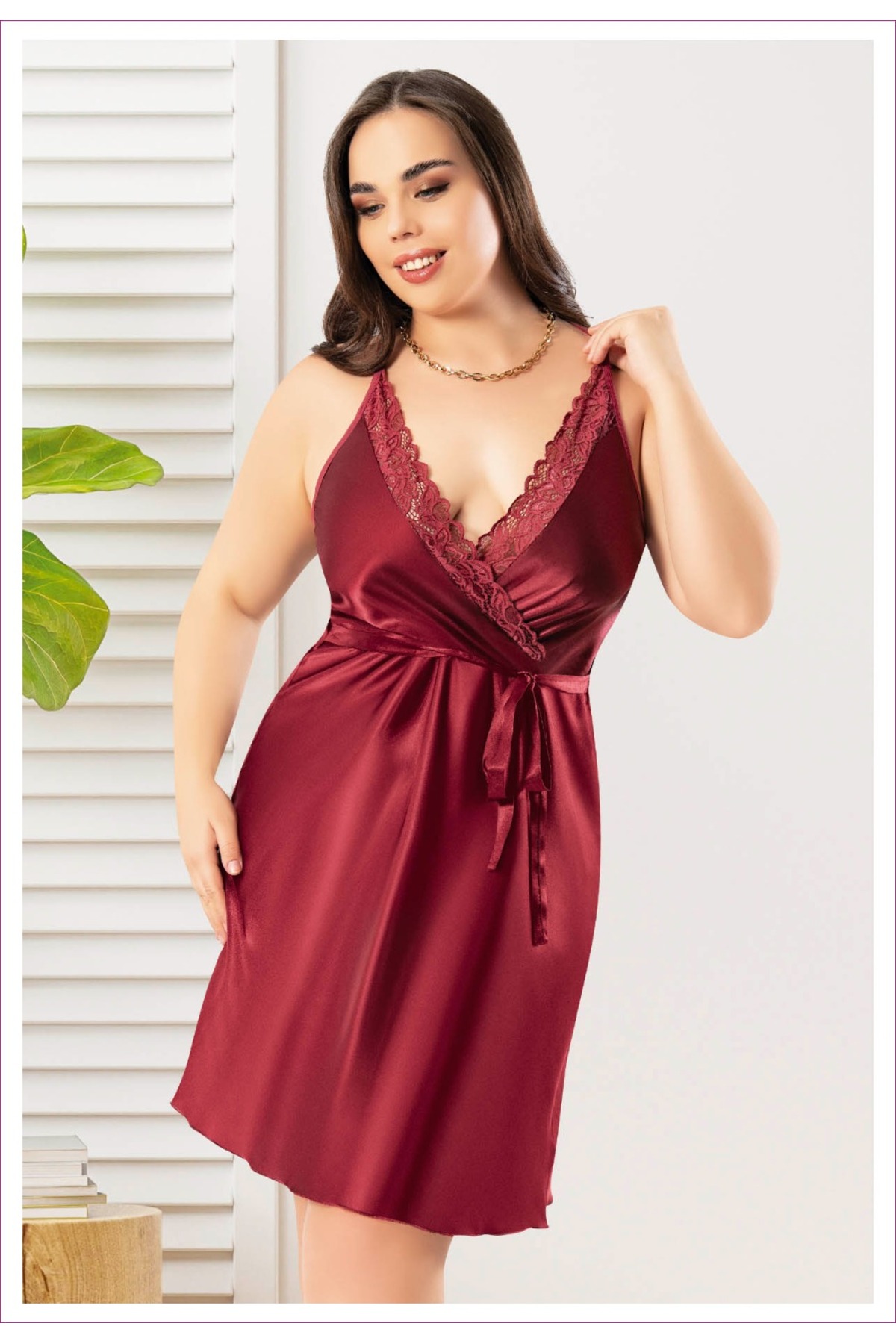 Dynamic Saten Dantelli Büyük Beden Önden Bağlamalı Gecelik