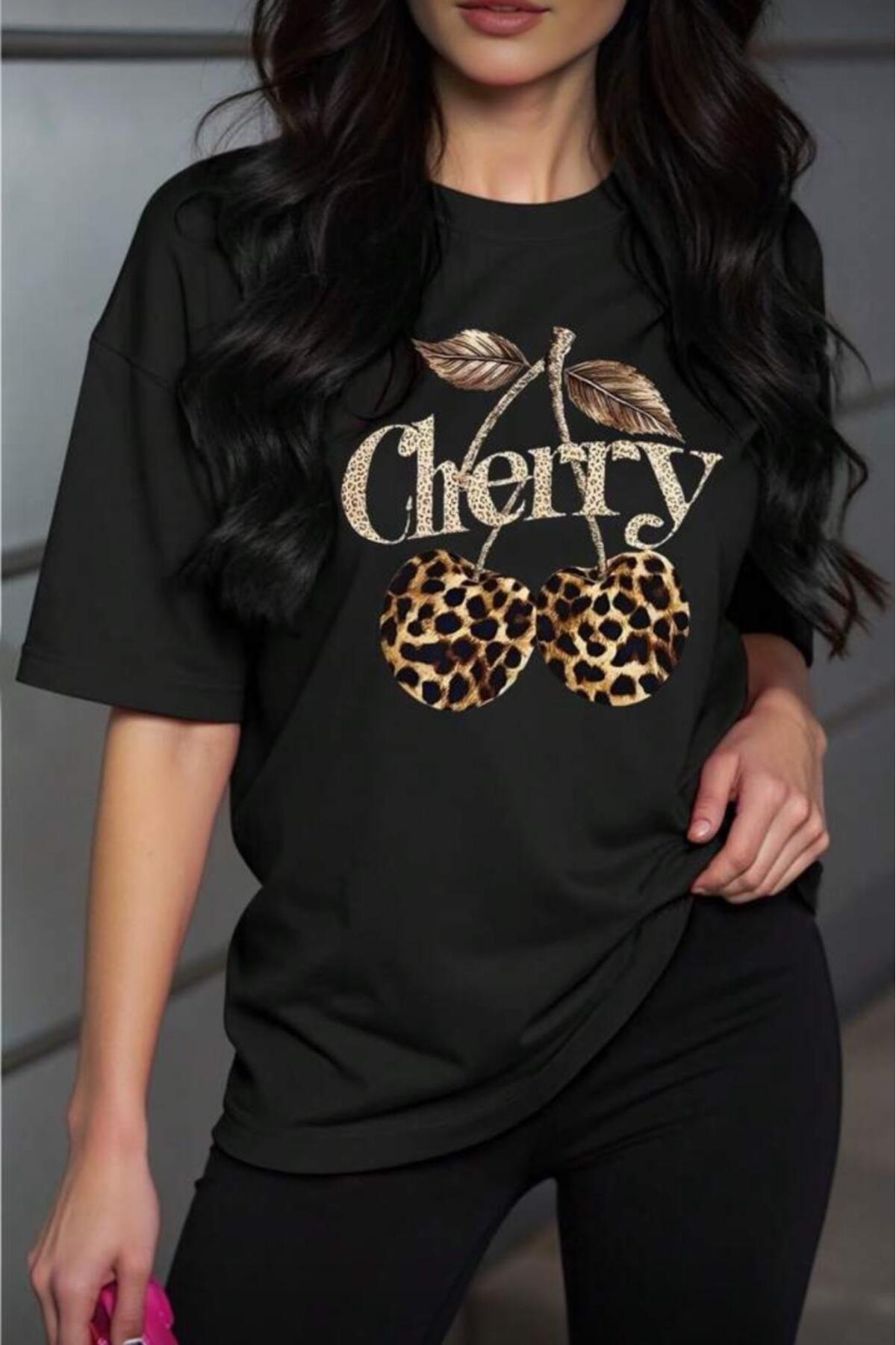 Gold Cherry Women's Oversize Front Printed Crew Neck Cotton T-Shirt Casual Cut