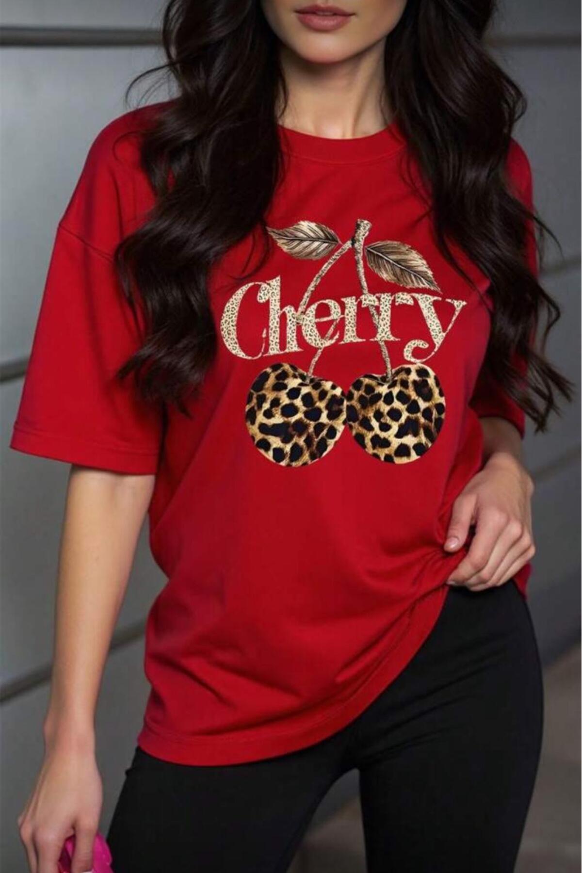 Gold Cherry Women's Oversize Front Printed Crew Neck Cotton T-Shirt Casual Cut