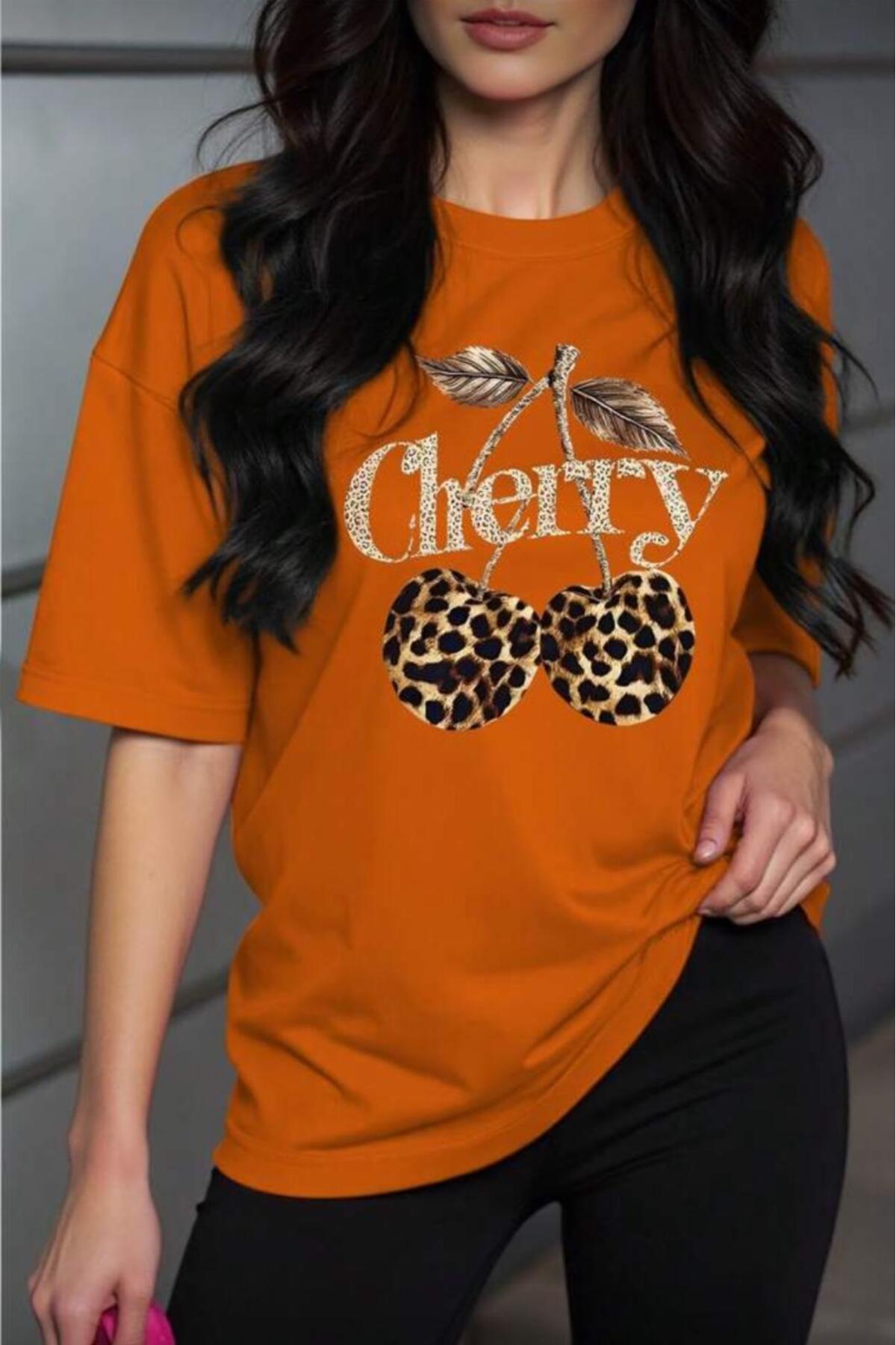 Gold Cherry Women's Oversize Front Printed Crew Neck Cotton T-Shirt Casual Cut