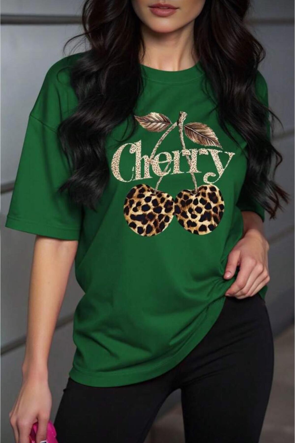 Gold Cherry Women's Oversize Front Printed Crew Neck Cotton T-Shirt Casual Cut