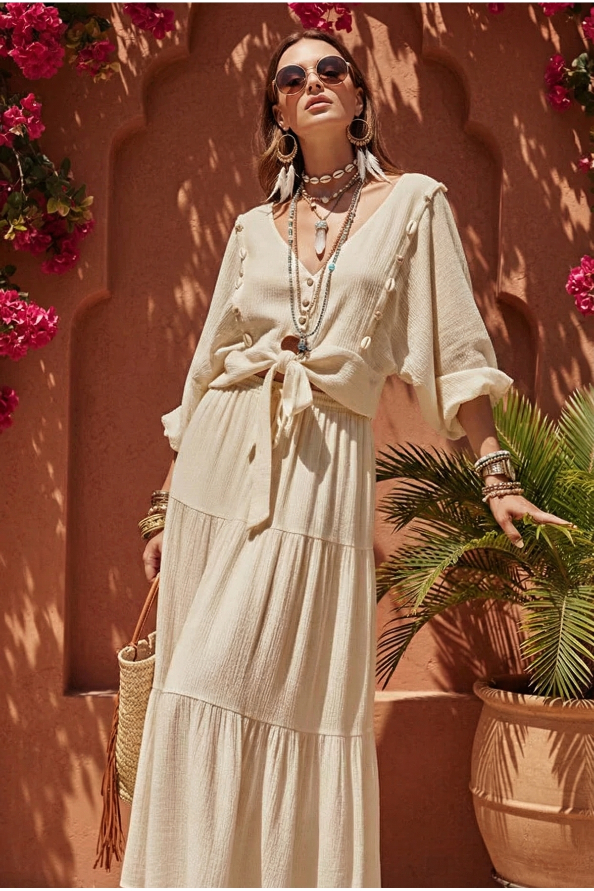 Clam Oyster Shell V-neck Tied Crop Knee-High Elastic Skirt Blouse Beach 2pcs Bohemian Set