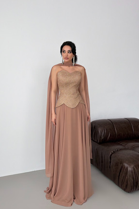 Serica Moda Gold Taş İşlemeli Şifon Etekli Şal Detaylı Abiye Elbise