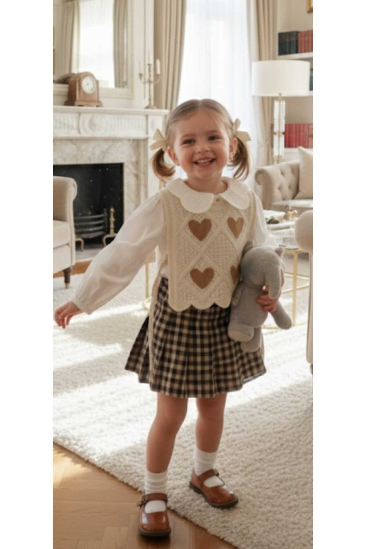 Kidzes KIZ ÇOCUK BAYRAMLIK TRİKO YELEK MÜSLİN GÖMLEK EKOSELİ ŞORT ETEK 4 PARÇA TAKIM fotoğrafı 3 (önizleme)