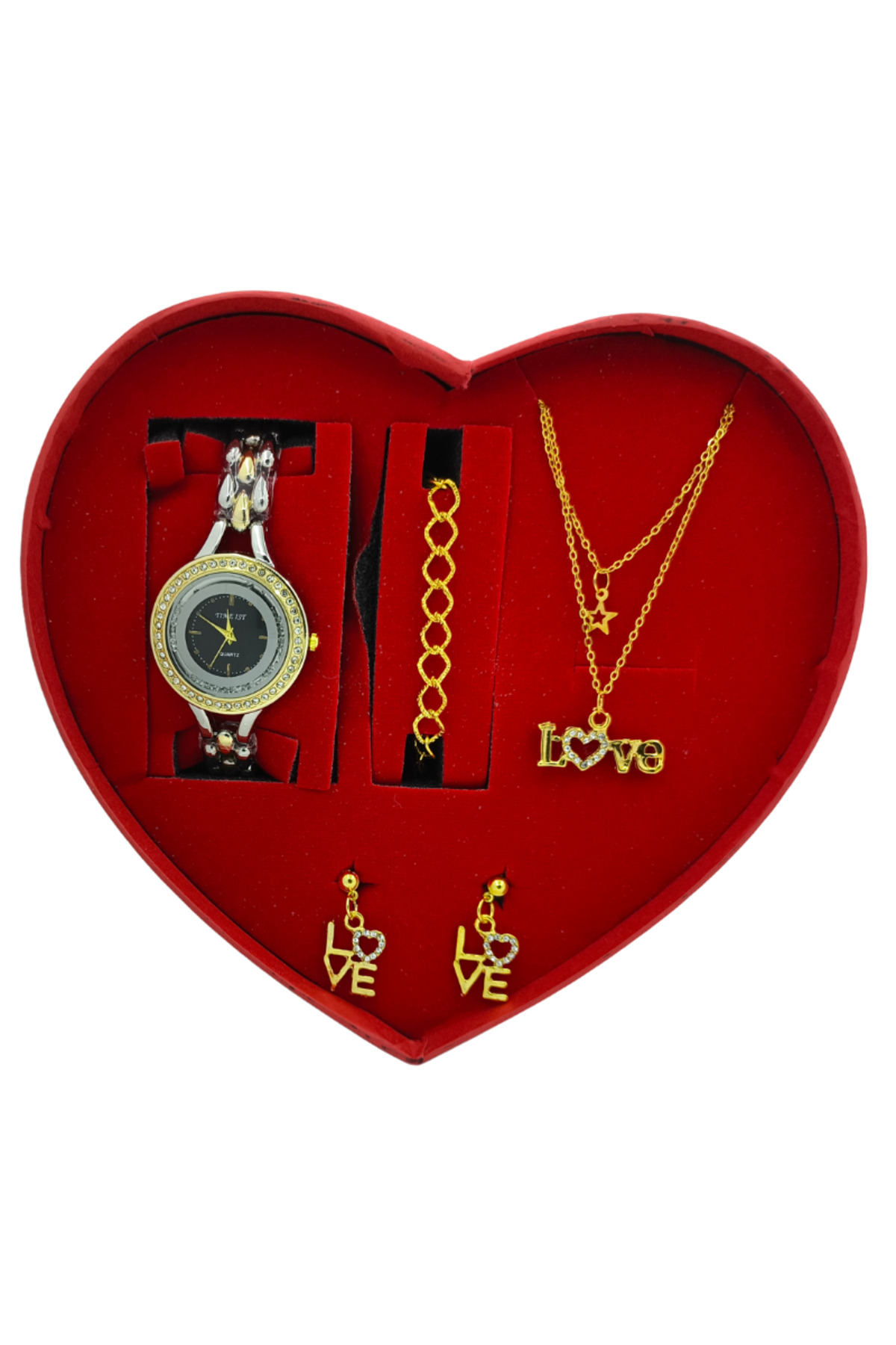 Kadın Taşlı Saat Takım | Love Yazılı Kolye Küpe Bileklik Kalp Kutulu
