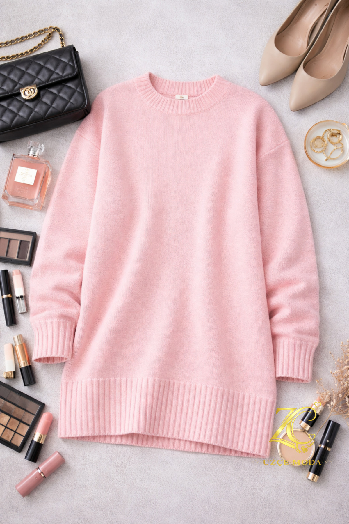 UZÇE MODA  Pembe Renk Bisiklet Yaka Oversize Triko Kazak Tunik - Görsel 5