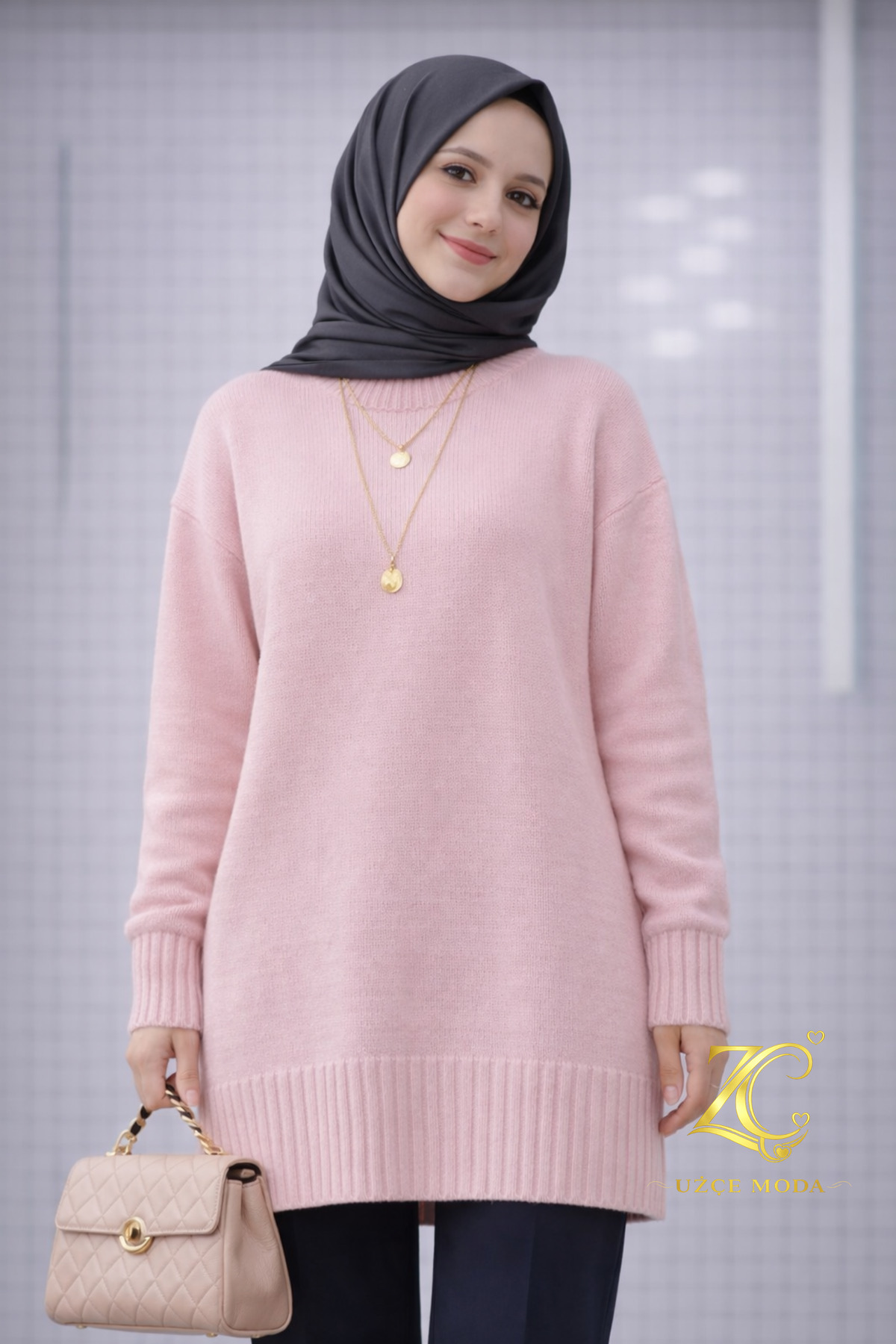 UZÇE MODA  Pembe Renk Bisiklet Yaka Oversize Triko Kazak Tunik