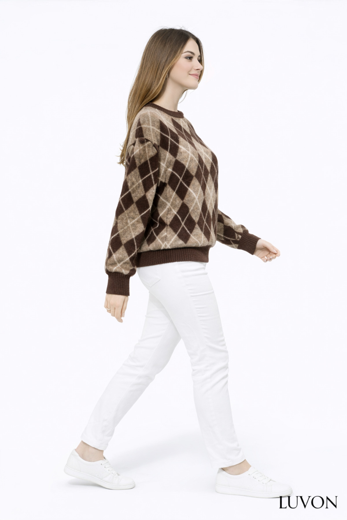 LUVON zarafet güvenle başlar  Vizon Kahve Baklava Desen Bisiklet Yaka Oversize Kadın Triko Kazak - Görsel 3