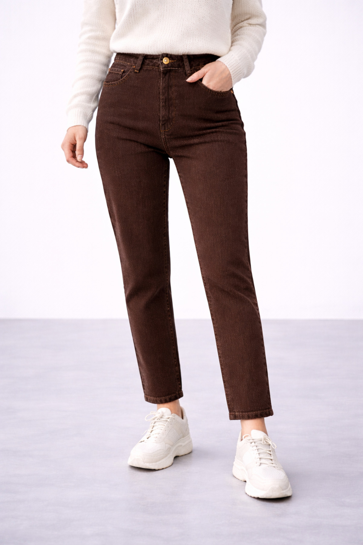 DELDNM  Zera Kadın Premium Kahve Yüksek Bel Likralı Trend Mom Jean