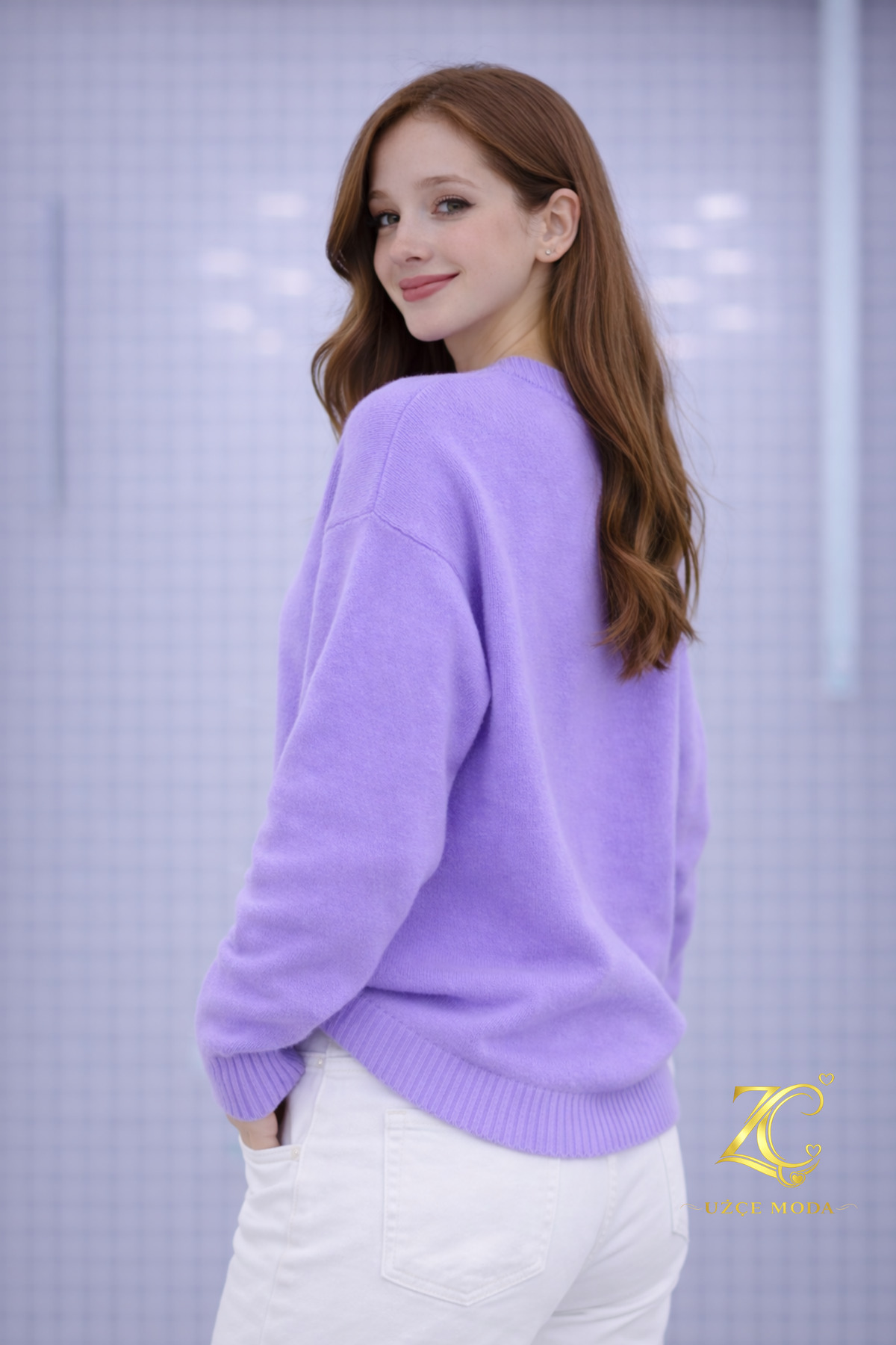 UZÇE MODA  Premium Lila Renk Bisiklet Yaka Oversize Kadın Triko Kazak - Görsel 2