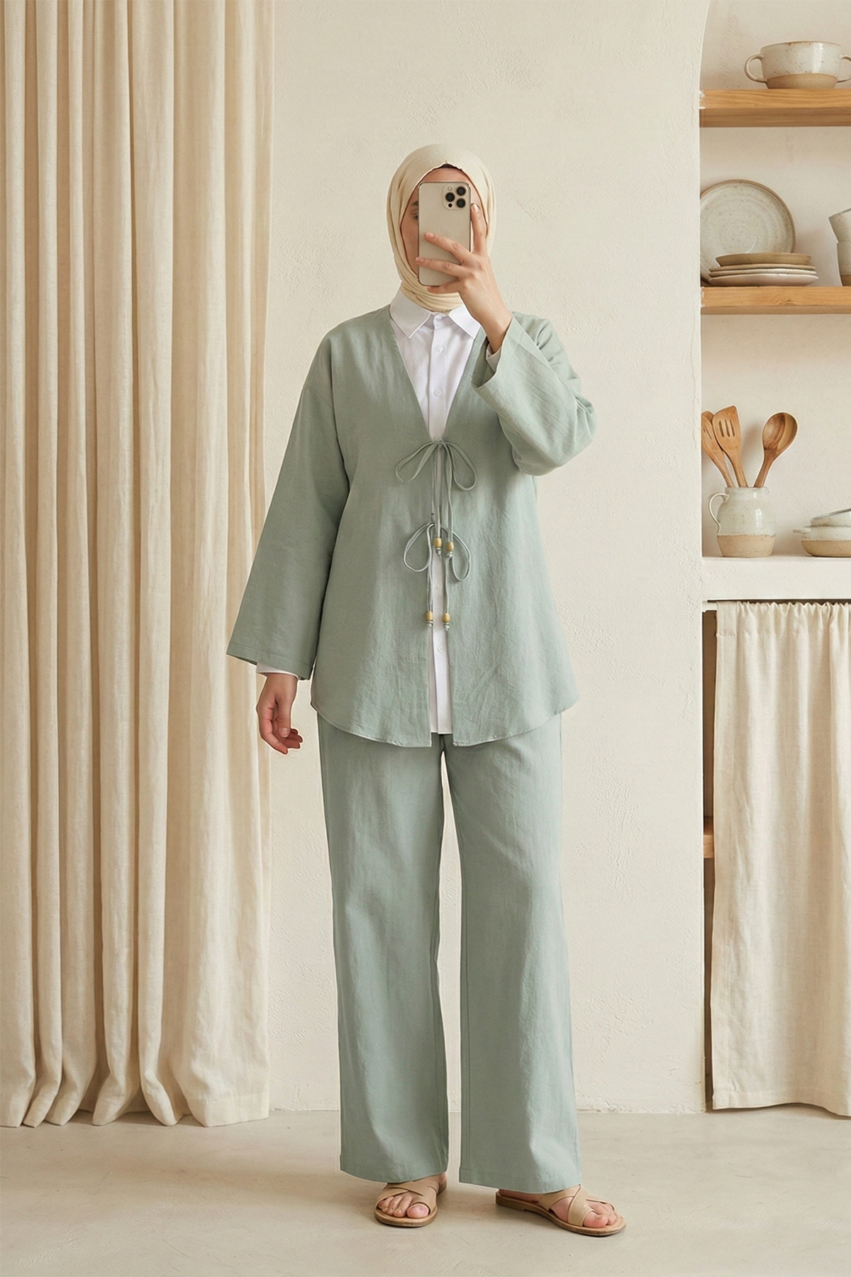 Lace-Up Kimono Pants Set Mint