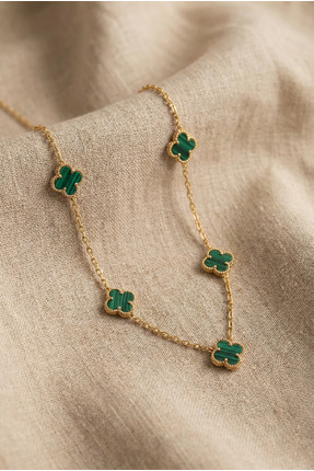 LYKOS Çelik Gold Renk Minimal Yeşil Mineli Yonca Kolye