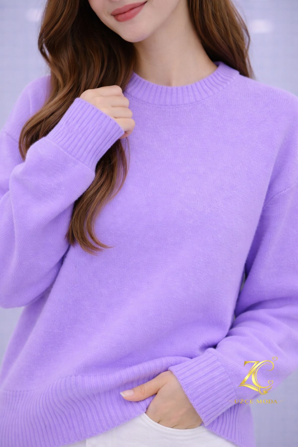 UZÇE MODA  Premium Lila Renk Bisiklet Yaka Oversize Kadın Triko Kazak - Görsel 4