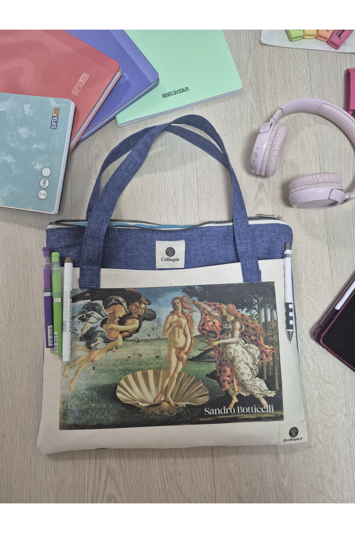 Calliopia  Venüs'ün Doğuşu Laptop Tote Kitap El Çantası Mavi Kot Kumaş 3 Gözlü Unisex Kadın/ Erkek