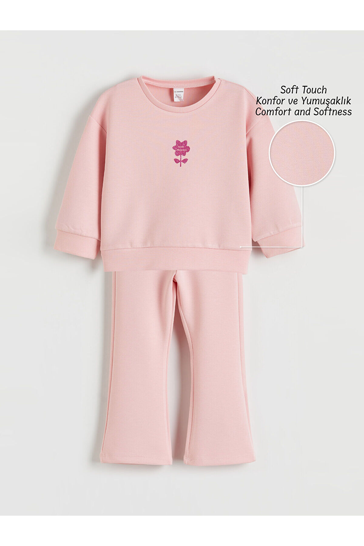 LC Waikiki Nevaa Collection Pembe Çiçek Baskılı Kız Çocuk Soft Touch Sweatshirt ve Eşofman Altı fotoğrafı 2 (önizleme)