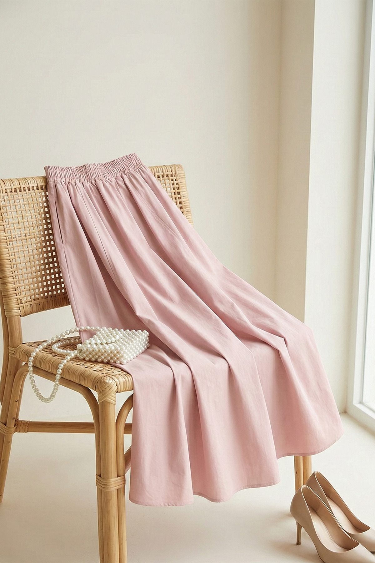 MODAQU  Soft Poplin Cep Detaylı Kloş Etek – Pudra