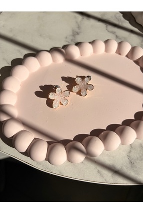 nurjewelry Pembe Çiçek Figürlü Gold Kaplama Çelik Küpe