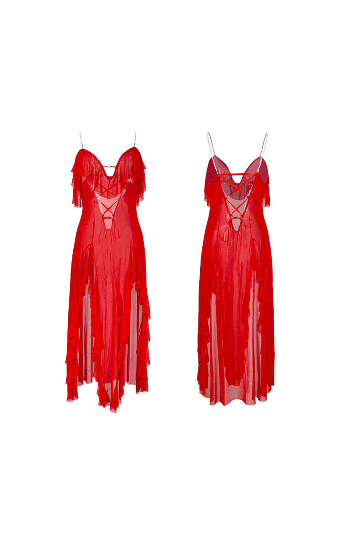 Peille Taşlı askılı Sırt Detaylı Transparan Derin Yırtmaçlı Uzun Gecelik