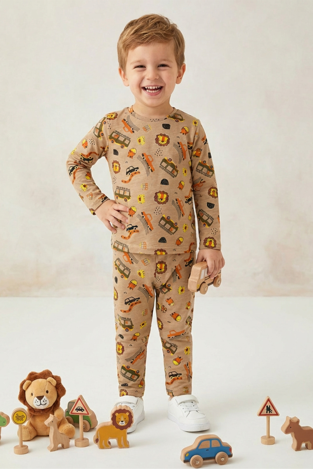 DAPSEE Erkek Çocuk Figürlü Pijama Takımı Bej – Pamuklu, Uzun Kollu Alt Üst Takım fotoğrafı 2 (önizleme)