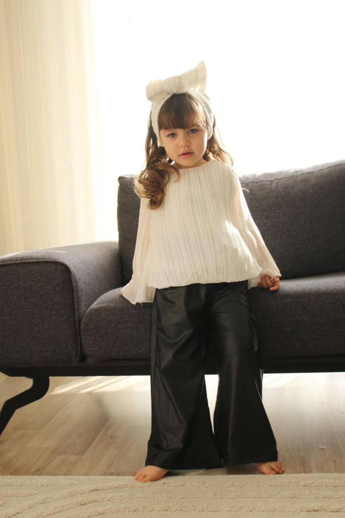 Girls Black Leather Pants White Pleated Blouse 2pcs Set- F100-JLB-055