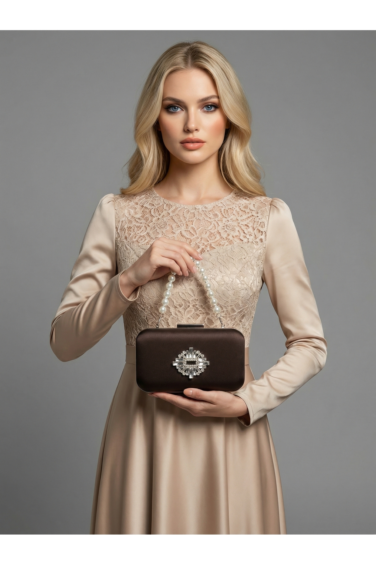 Brown Z.A.R.A. Satin Crystal Stone Embroidered Chain Women Evening Bag Wedding Engagement Graduation
