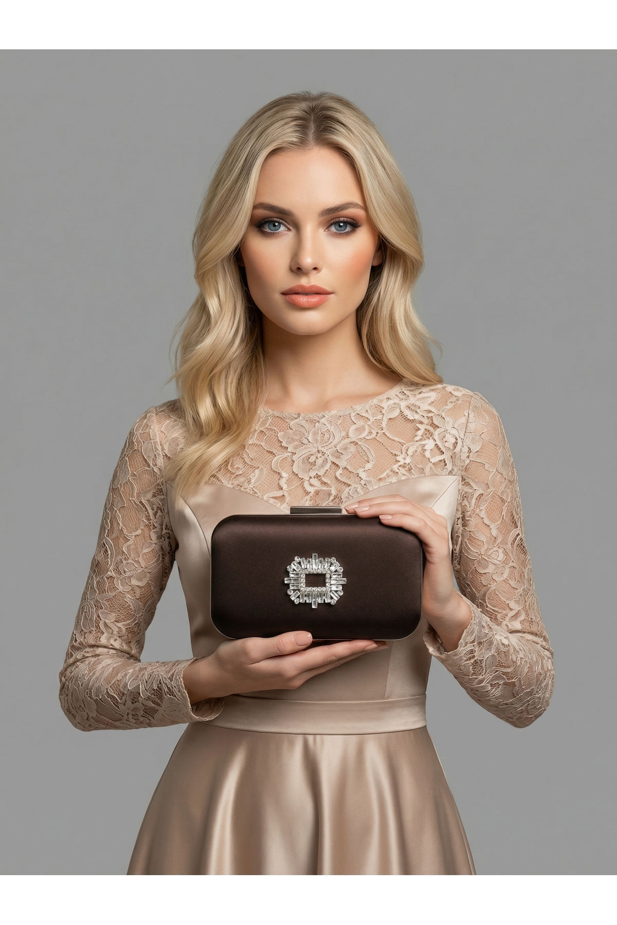 Brown Z.A.R.A. Satin Silver Detail Crystal Stone Chain Women Evening Dress Bag Wedding Engagement Graduation