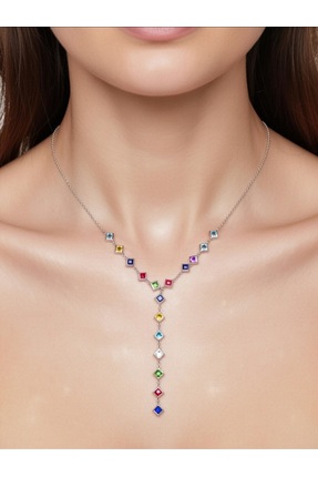 Aylin Bijuteri Kare Kesim Renkli Taşlı Zarif Kolye