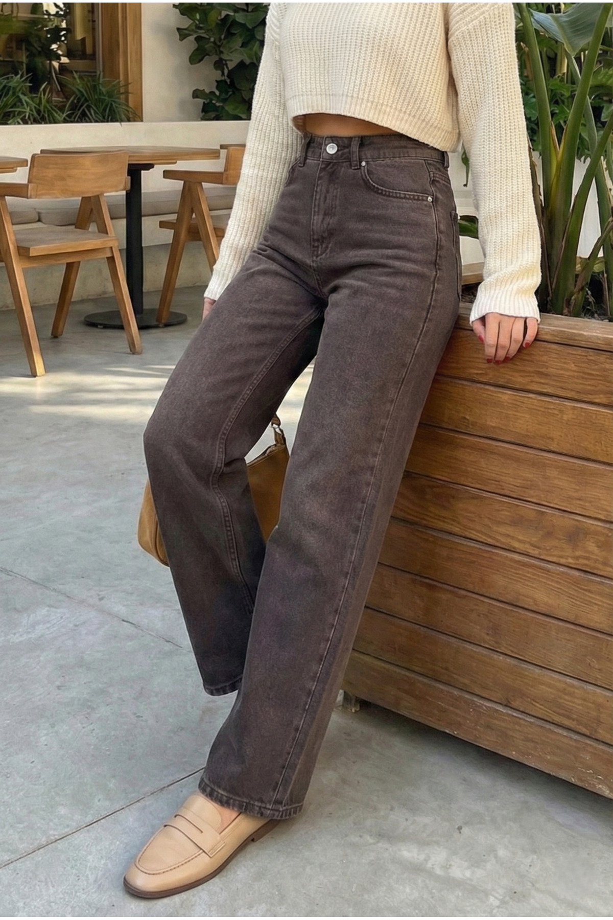 Vovikon  Kahverengi Taşlamalı Denim Bol Paça Jean - Görsel 4