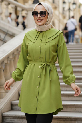 N.S NEVA STYLE Düğmeli Yağ Yeşili Tesettür Tunik 20228YY