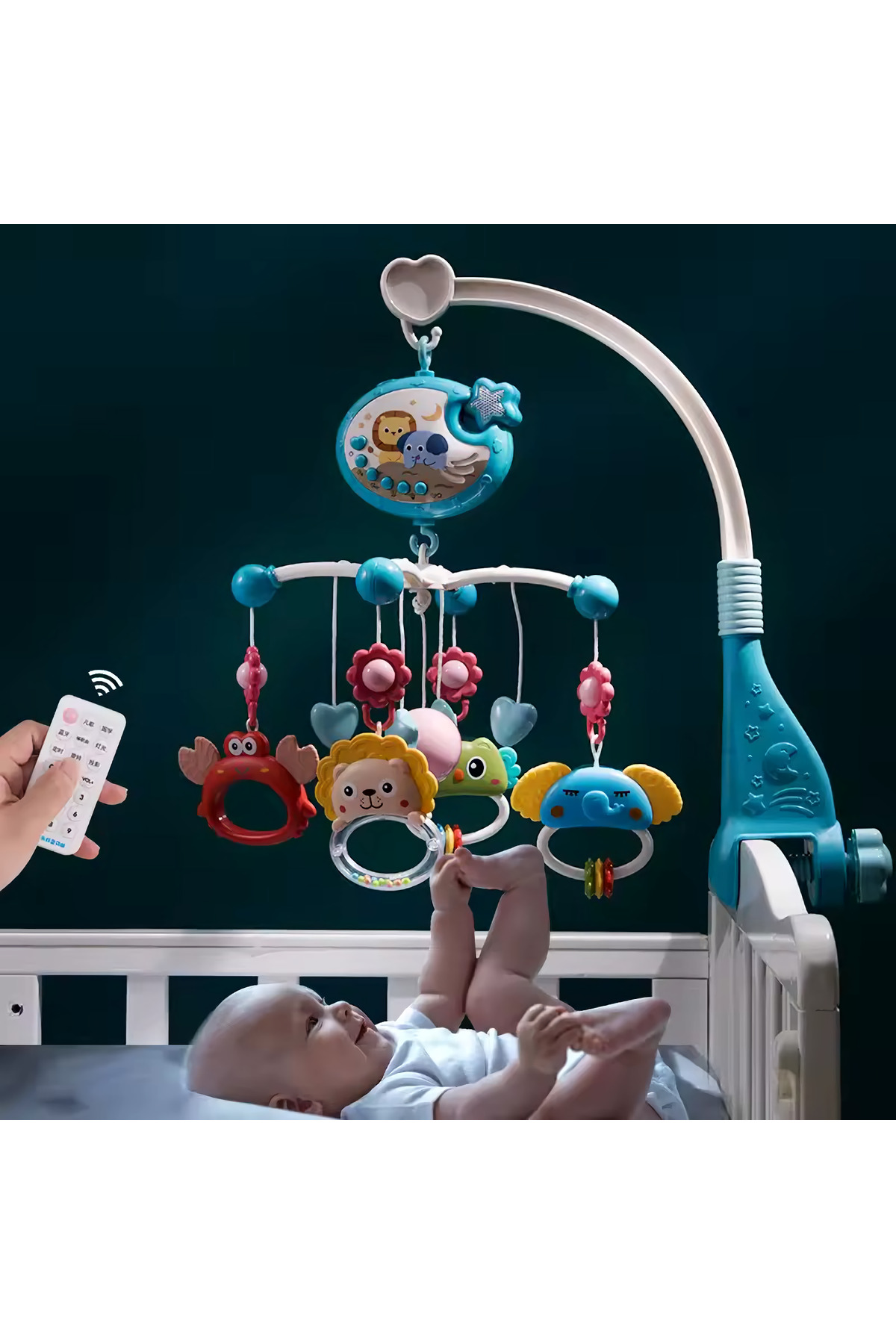 MJ TOYS Işıklı Müzikli Uzaktan Kumandalı Dönence Projektörlü Dönence Oyuncak Beşik Bebek 360° Dönebilir fotoğrafı 3 (önizleme)
