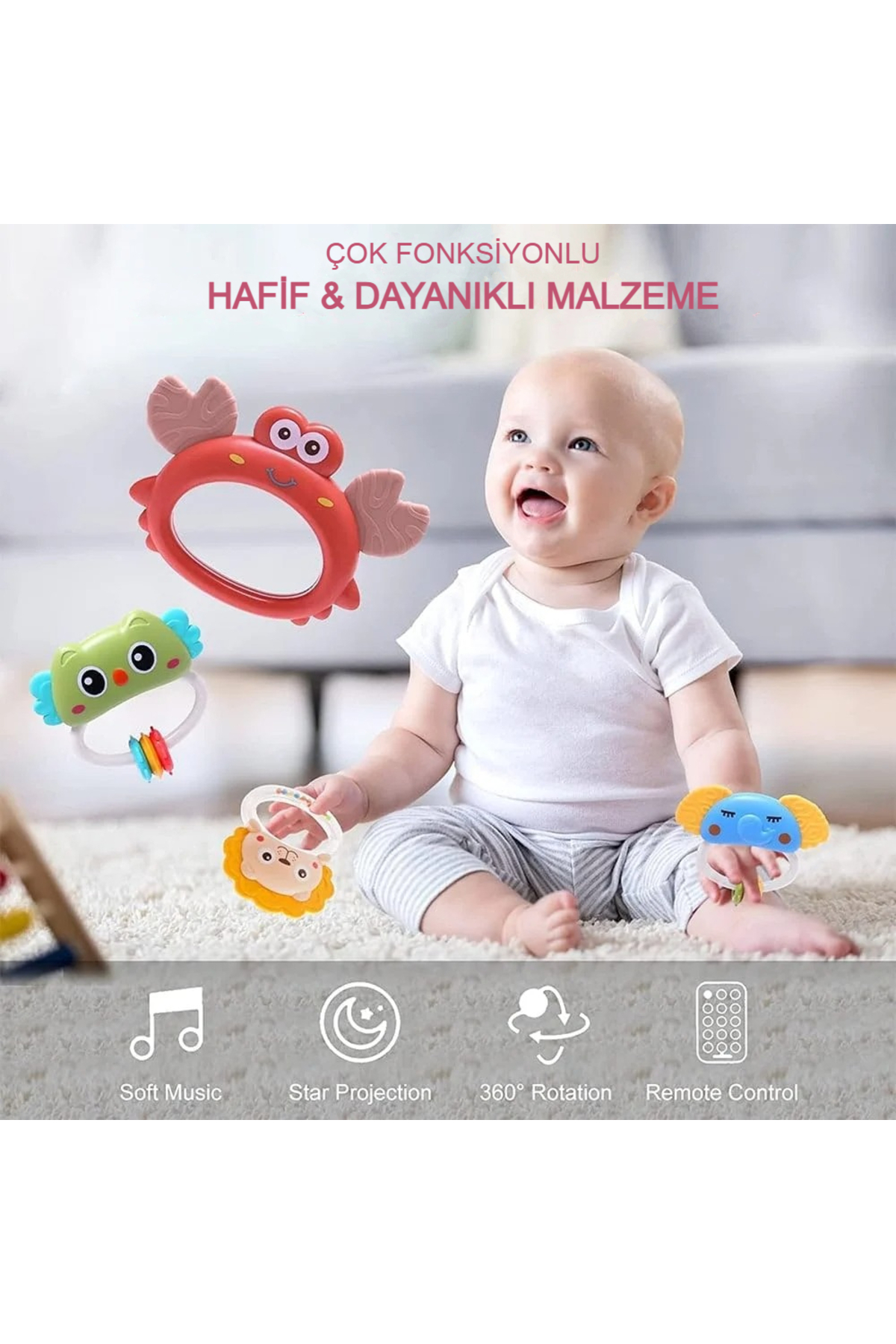 MJ TOYS Işıklı Müzikli Uzaktan Kumandalı Dönence Projektörlü Dönence Oyuncak Beşik Bebek 360° Dönebilir fotoğrafı 3 (önizleme)