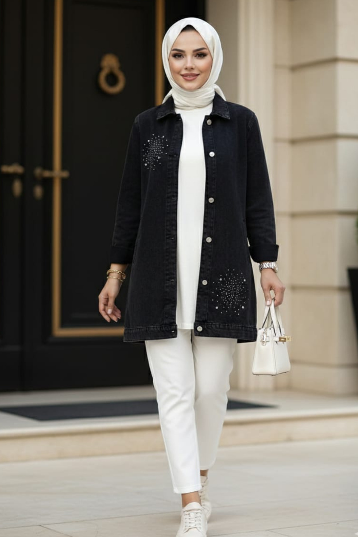 Hb Harma Time Butik  Kadın Taş İşlemeli Düğmeli Siyah Kot Ceket - Görsel 4