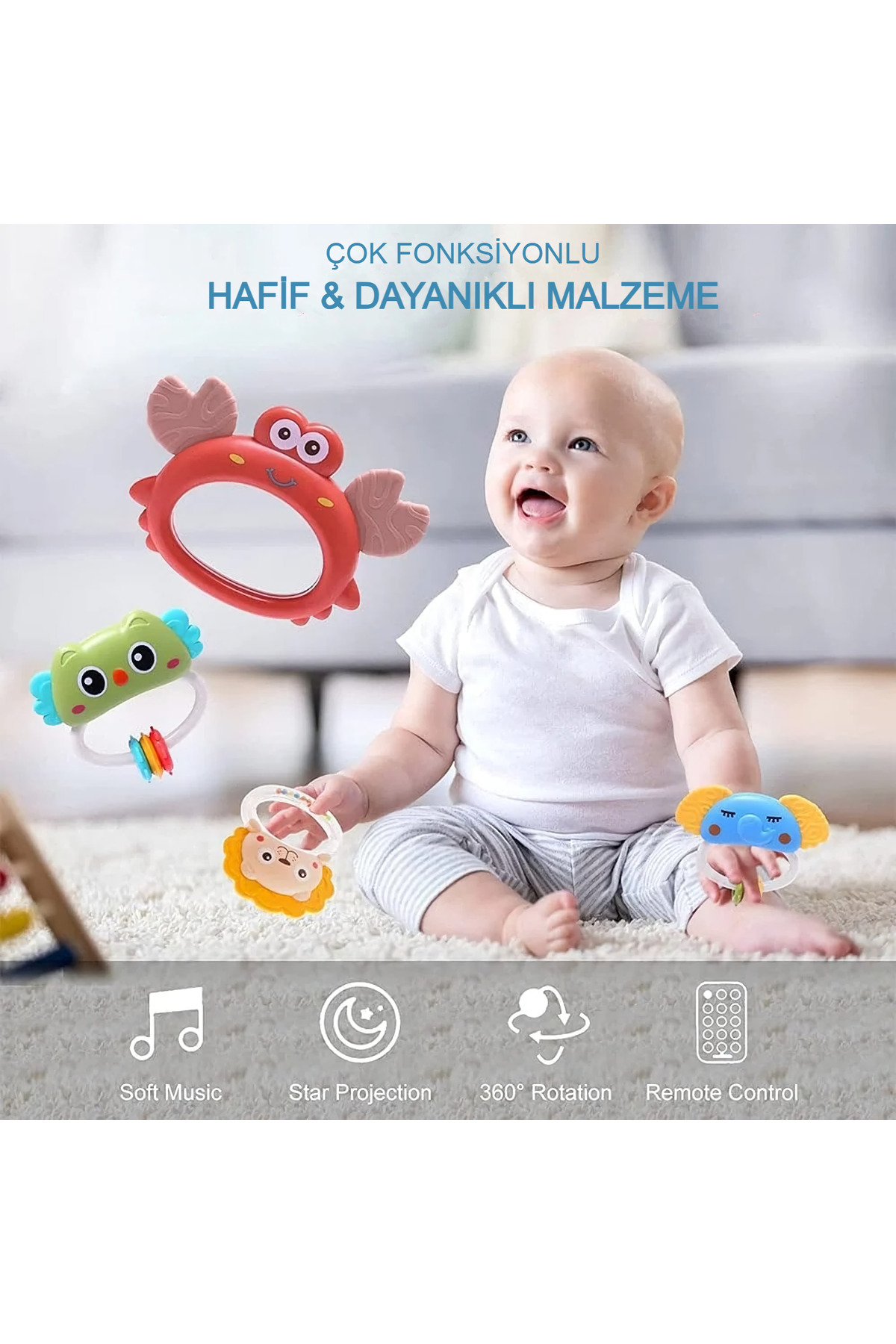 MJ TOYS Işıklı Müzikli Uzaktan Kumandalı Dönence Projektörlü Dönence Oyuncak Beşik Bebek 360° Dönebilir fotoğrafı 4 (önizleme)