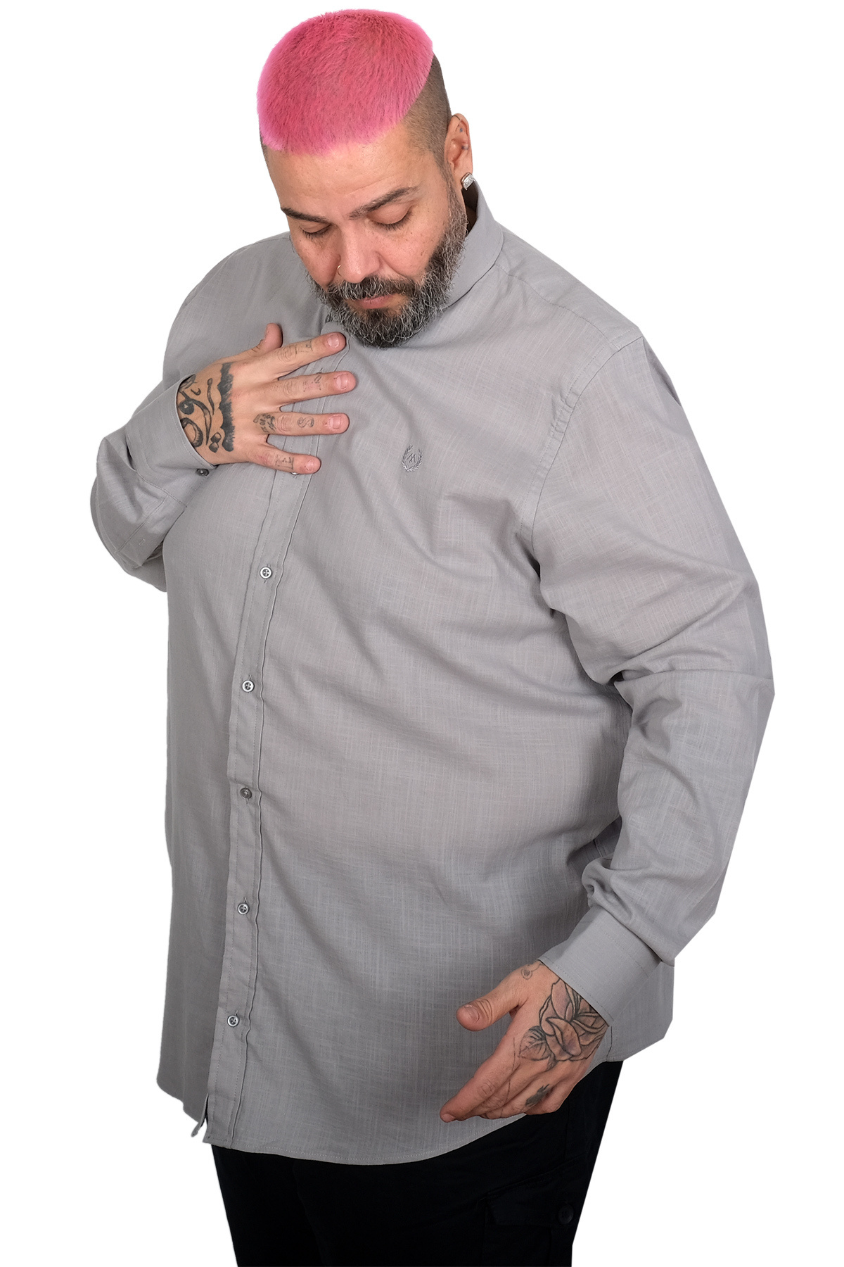 ModeXL Mode XL Büyük Beden Erkek Uzun Kollu Keten Gömlek 20396 GRİ görsel 2