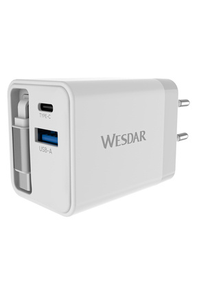 Wesdar AC289-1C1A Hızlı Şarj Adaptörü GaN 45W Dahili Geri Sarılabilir Type-C ...